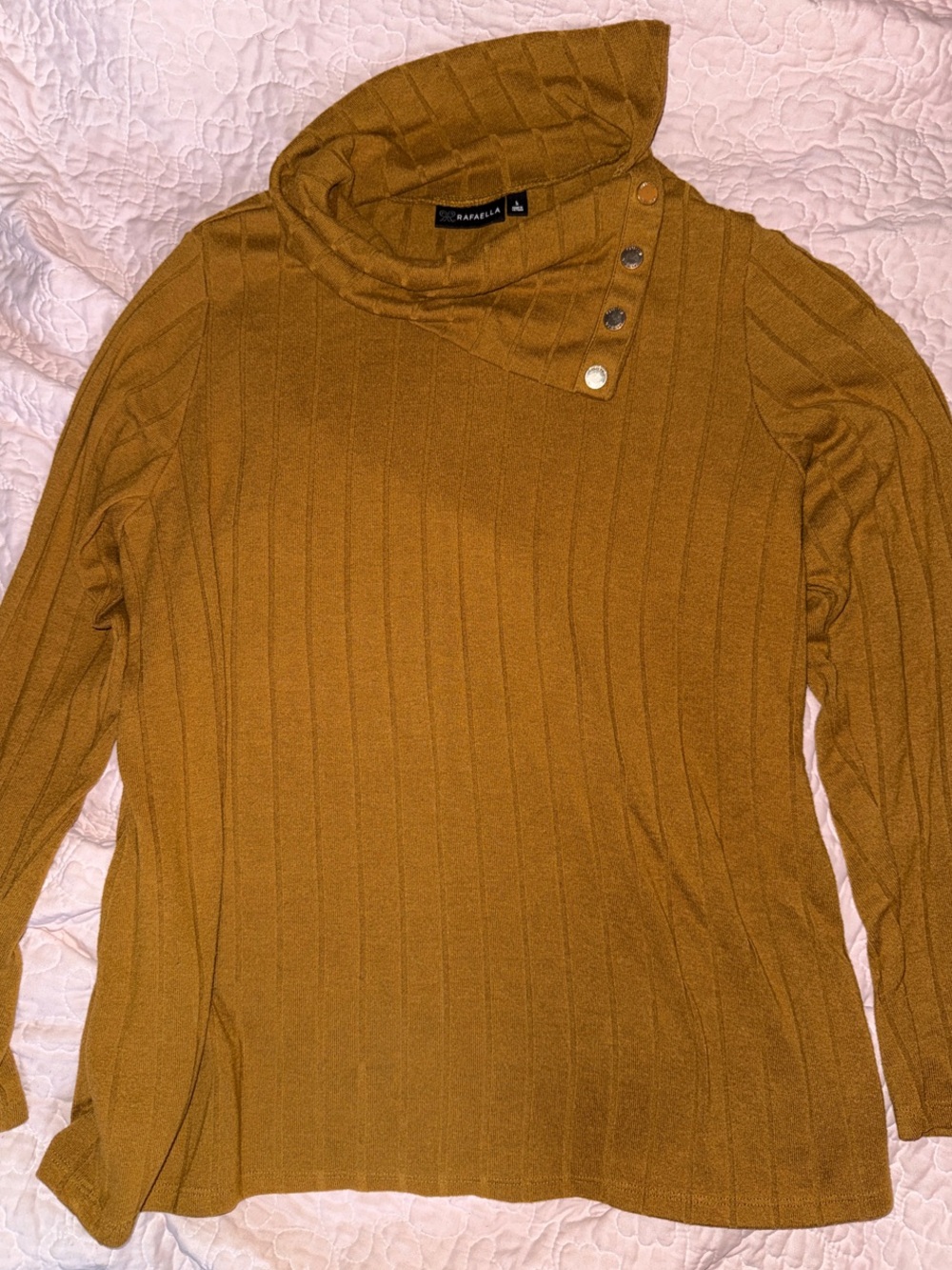 Rafaella Mustard Ribbed Asymmetrical Button Turtleneck Sweater